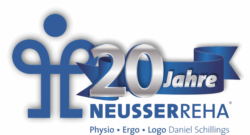 Jubiläumslogo der Neusser Reha mit stilisiertem Männchen, silberner „20 Jahre“-Schrift und blauem Band, darunter der Schriftzug „NEUSSER REHA – Physio · Ergo · Logo Daniel Schillings